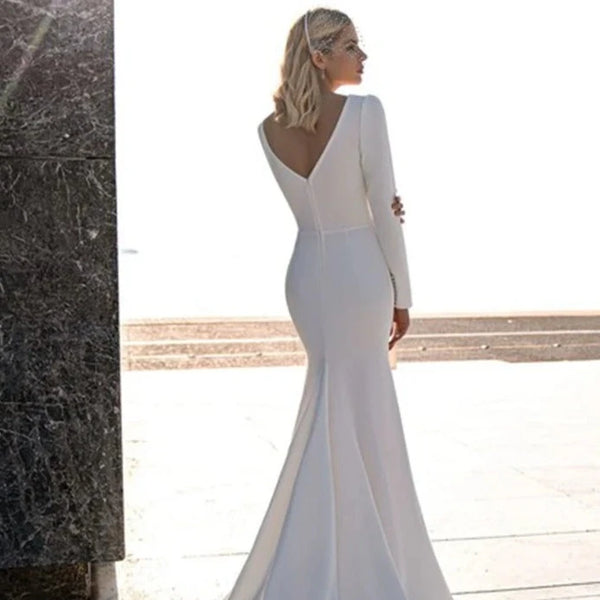 Modern Mermaid Wedding Dress with Detachable Train - Long Sleeve V-Neck Bridal Gown