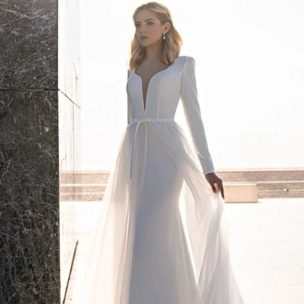 Modern Mermaid Wedding Dress with Detachable Train - Long Sleeve V-Neck Bridal Gown