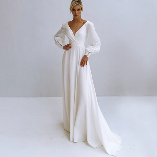 Elegant V-Neck Chiffon Wedding Dress with Lantern Sleeves and Pearl Beading | Backless A-Line Bridal Gown with Sweep Train