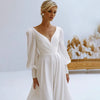 Elegant V-Neck Chiffon Wedding Dress with Lantern Sleeves and Pearl Beading | Backless A-Line Bridal Gown with Sweep Train