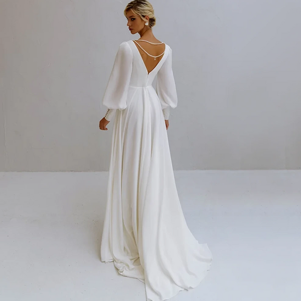 Elegant V-Neck Chiffon Wedding Dress with Lantern Sleeves and Pearl Beading | Backless A-Line Bridal Gown with Sweep Train