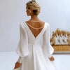 Elegant V-Neck Chiffon Wedding Dress with Lantern Sleeves and Pearl Beading | Backless A-Line Bridal Gown with Sweep Train