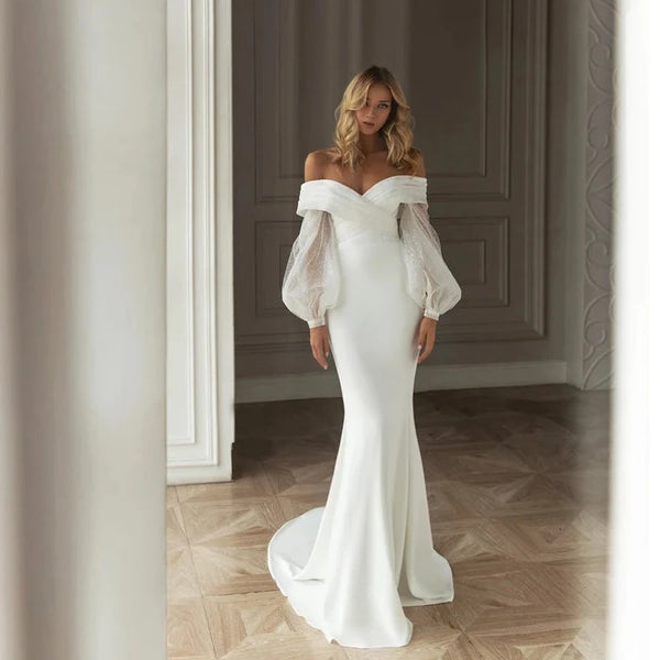 Elegant Mermaid Satin Wedding Dress with Long Puff Sleeves and Court Train | Off-the-Shoulder Bridal Gown