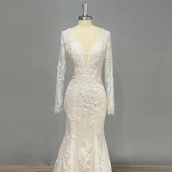 Exquisite Lace Mermaid Wedding Dress with Illusion Back and Sexy V-Neck - Elegant Full Sleeve Tulle Bridal Gown