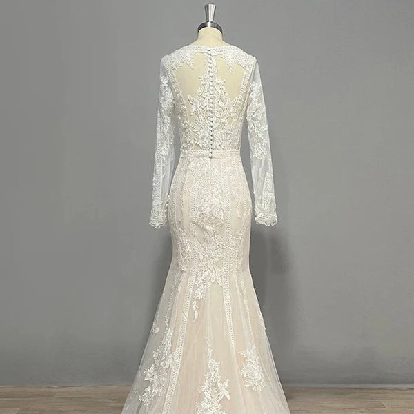 Exquisite Lace Mermaid Wedding Dress with Illusion Back and Sexy V-Neck - Elegant Full Sleeve Tulle Bridal Gown