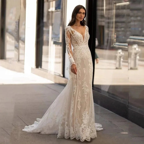 Exquisite Lace Mermaid Wedding Dress with Illusion Back and Sexy V-Neck - Elegant Full Sleeve Tulle Bridal Gown