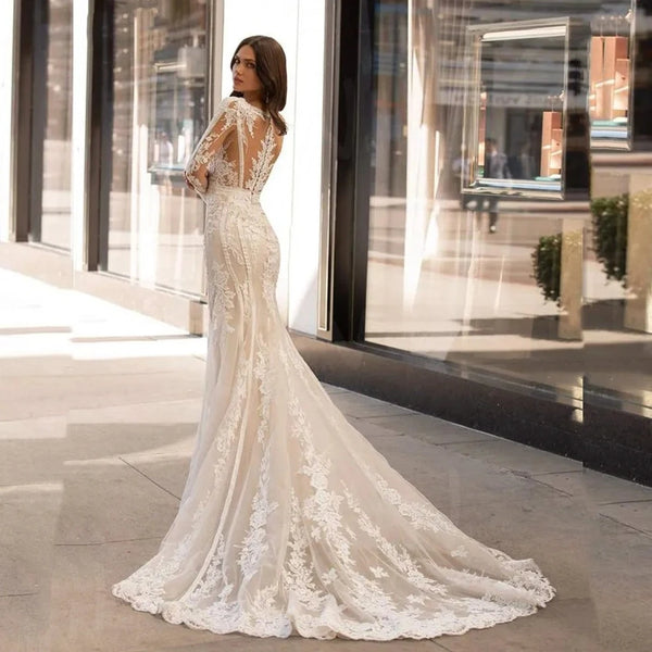 Exquisite Lace Mermaid Wedding Dress with Illusion Back and Sexy V-Neck - Elegant Full Sleeve Tulle Bridal Gown