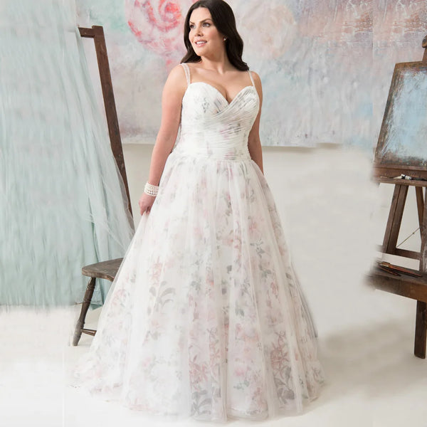 Elegant A-Line Wedding Dress with Floral Print, Sweetheart Neckline, and Sweep Train