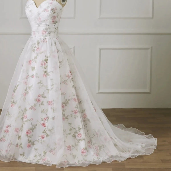 Elegant A-Line Wedding Dress with Floral Print, Sweetheart Neckline, and Sweep Train