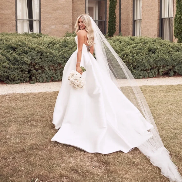 Elegant Satin Pleated Sweetheart A-Line Wedding Dress with Side Slit | Floor-Length Bridal Gown