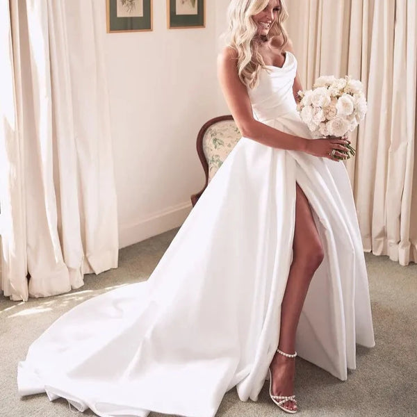 Elegant Satin Pleated Sweetheart A-Line Wedding Dress with Side Slit | Floor-Length Bridal Gown