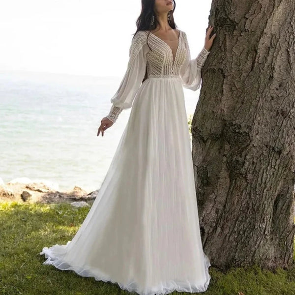 Bohemian Chiffon Wedding Dress with Lace Appliques and Sweep Train