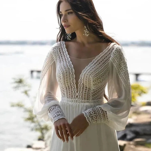 Bohemian Chiffon Wedding Dress with Lace Appliques and Sweep Train