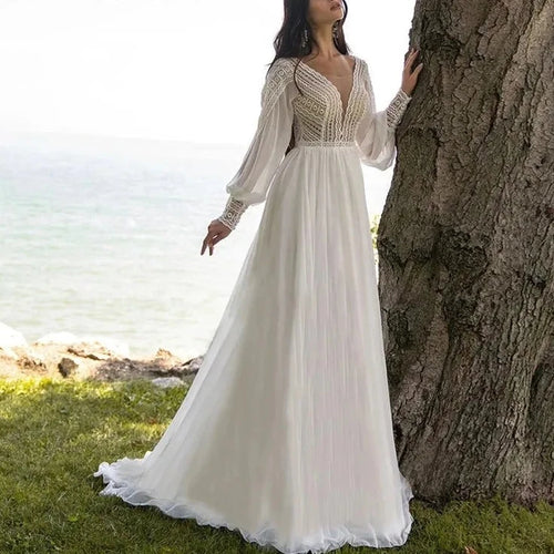 Bohemian Chiffon Wedding Dress with Lace Appliques and Sweep Train