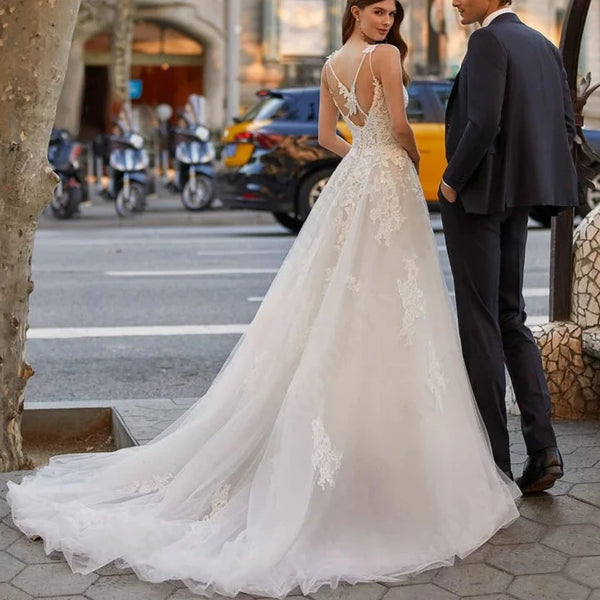 Boho A-Line Wedding Dress with Spaghetti Straps and Illusion Back | V-Neck Backless Bridal Gown