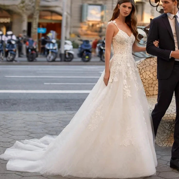 Boho A-Line Wedding Dress with Spaghetti Straps and Illusion Back | V-Neck Backless Bridal Gown