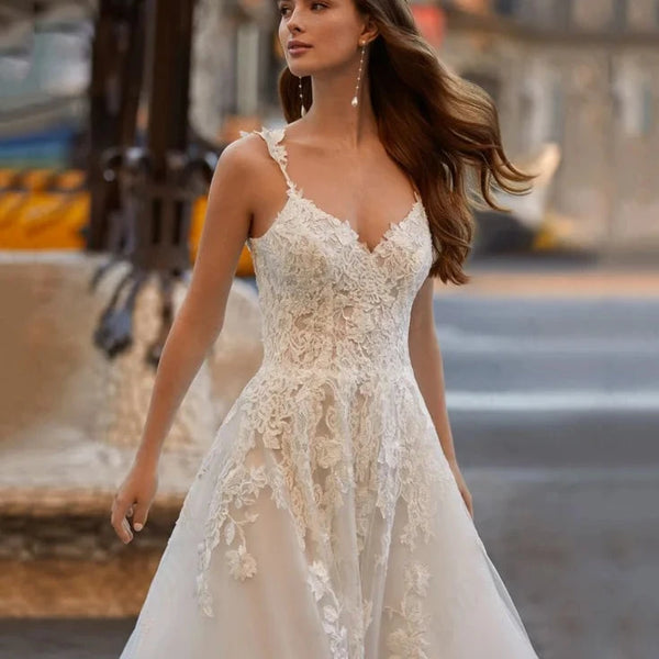 Boho A-Line Wedding Dress with Spaghetti Straps and Illusion Back | V-Neck Backless Bridal Gown