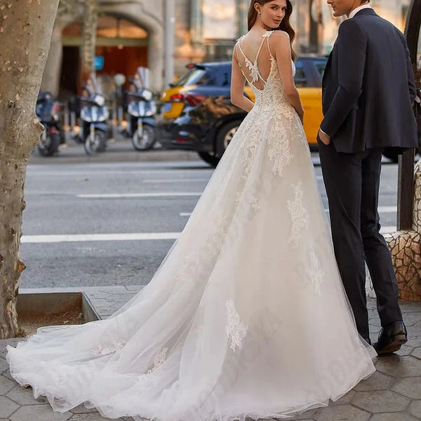 Boho A-Line Wedding Dress with Spaghetti Straps and Illusion Back | V-Neck Backless Bridal Gown