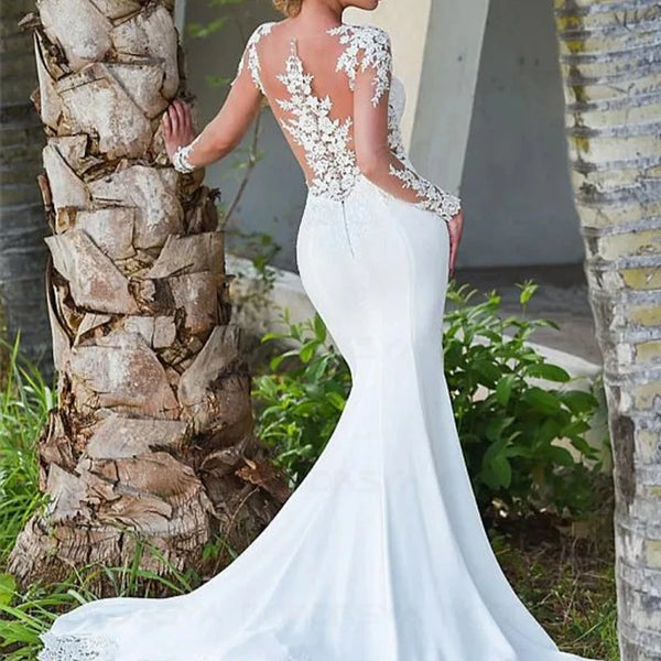 Elegant Mermaid Lace Applique Wedding Dress with Long Sleeves and Sheer Illusion Back