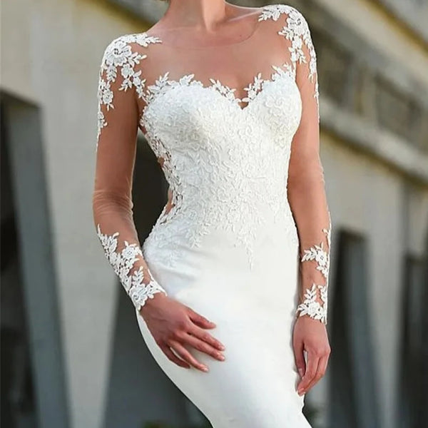 Elegant Mermaid Lace Applique Wedding Dress with Long Sleeves and Sheer Illusion Back