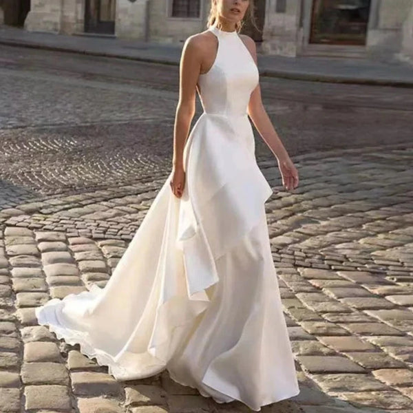 Elegant Halter Neck Satin Wedding Dress with Backless Design and Sweep Train