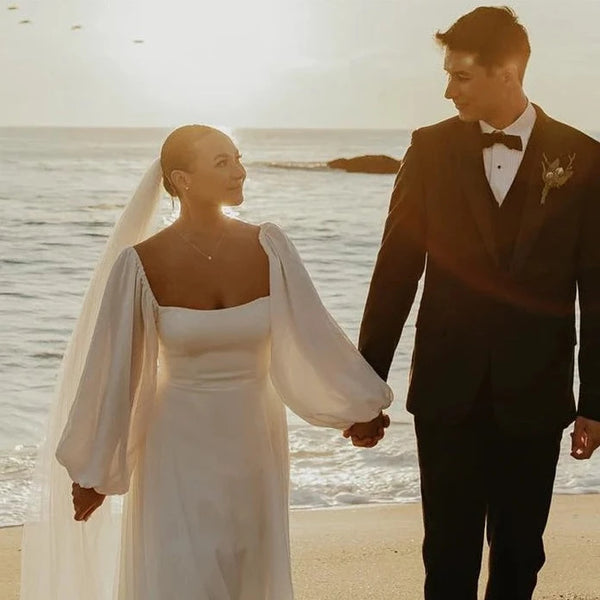 Minimalist Wedding Dress with Square Neck and Puff Sleeves