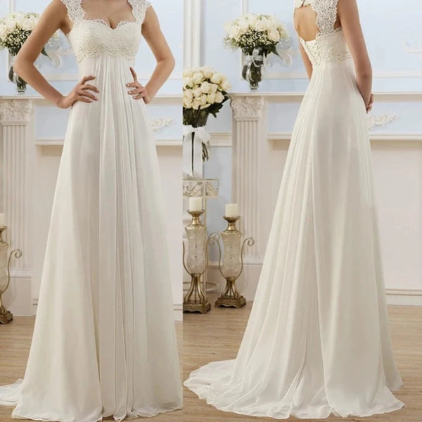 Classic Empire Waist Wedding Dress with Sweetheart Neckline, Cap Sleeves, and Chiffon Satin Finish