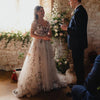 Romantic Cap Sleeves Embroidered Floral Wedding Dress with Plunge V-Neck and Sweep Train