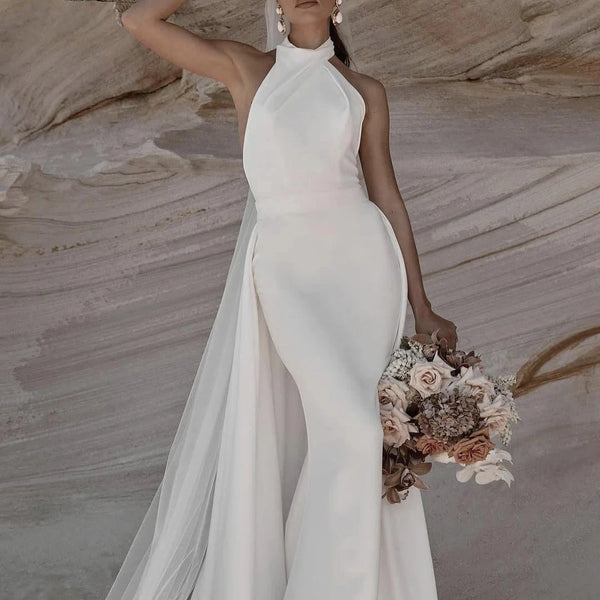 Elegant Sleeveless Halter Satin Beach Wedding Dress | Mermaid Bridal Gown with Detachable Train