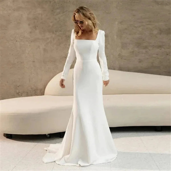 Chic Mermaid Wedding Dress with Long Sleeves and Square Neckline