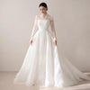 Exquisite V-Neck Lace Wedding Dress with Full Sleeves and Sweep Train – Elegant A-Line Bridal Gown for Arabian Weddings