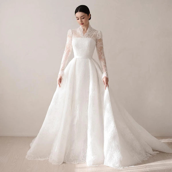 Exquisite V-Neck Lace Wedding Dress with Full Sleeves and Sweep Train – Elegant A-Line Bridal Gown for Arabian Weddings