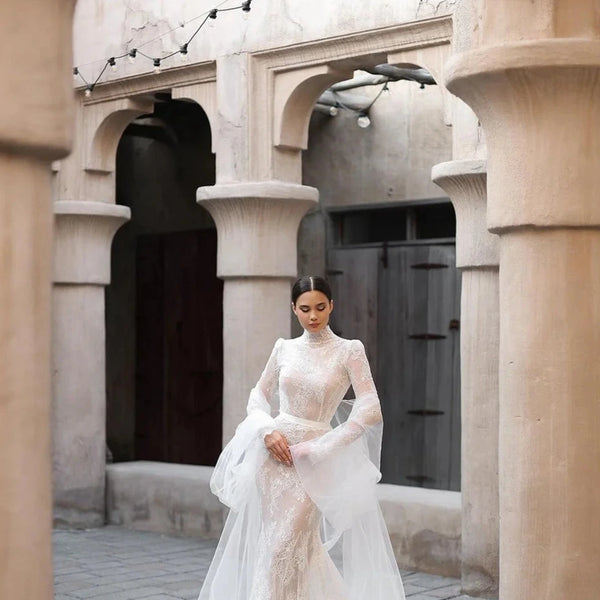 Luxury High Collar Lace Mermaid Wedding Gown with Pleated Details