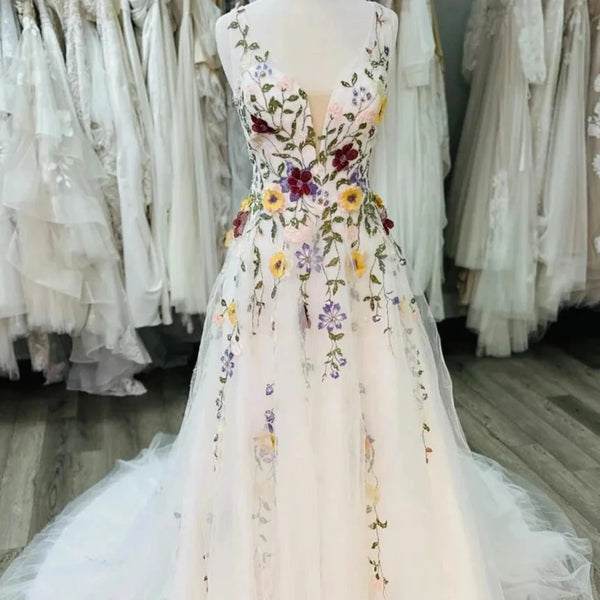 Colorful Floral Boho A-Line Wedding Dress | Whimsical Tulle Bridal Gown with Spaghetti Straps and Court Train