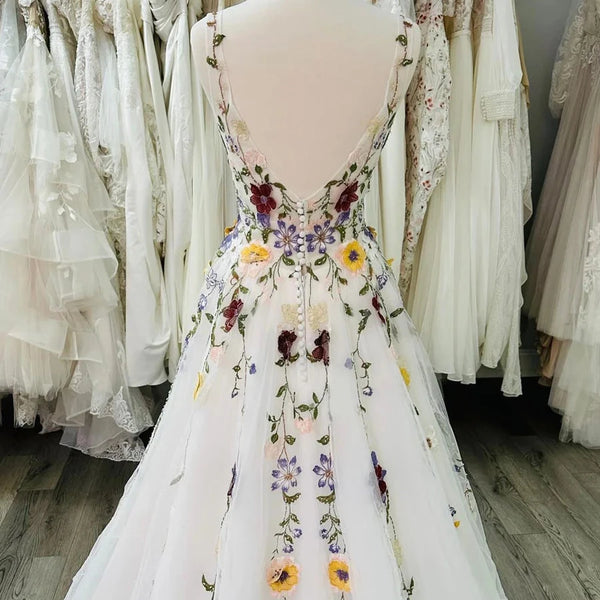 Colorful Floral Boho A-Line Wedding Dress | Whimsical Tulle Bridal Gown with Spaghetti Straps and Court Train