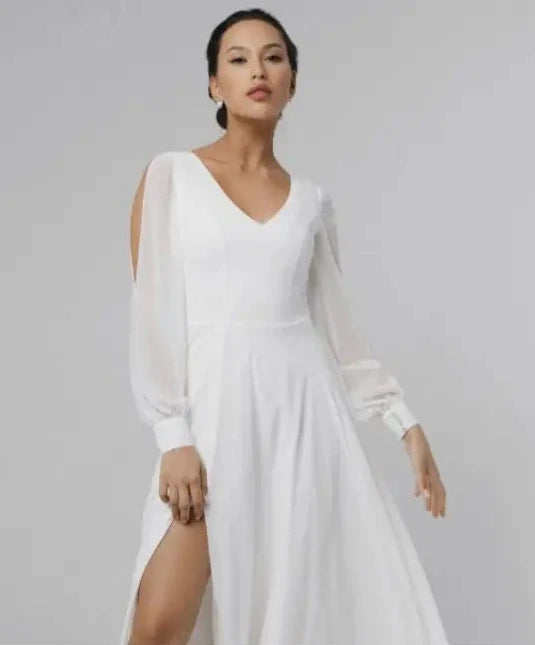 Simple A-Line Chiffon Wedding Dress with V-Neck and Puff Sleeves