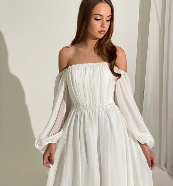 Elegant Crepe Chiffon A-Line Wedding Dress with Boat Neck and Puff Sleeves