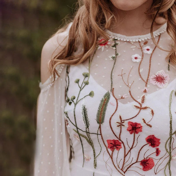 Boho Polka Dot Floral Embroidery Tulle Wedding Dress with Puffy Sleeves and Keyhole Back