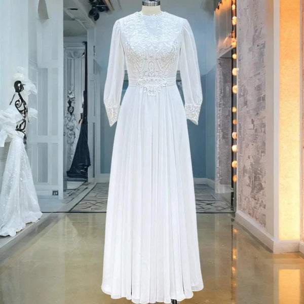 Modest Long Sleeve Chiffon Wedding Dress with O-Neck and Elegant Appliques