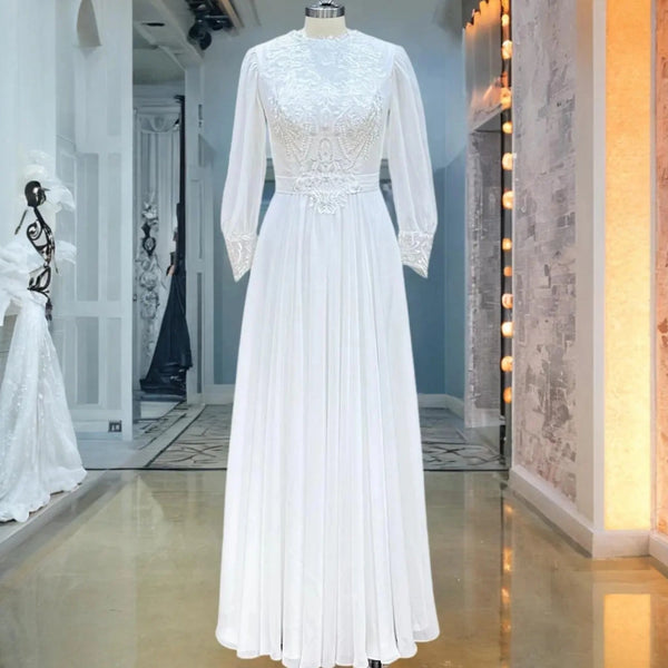 Modest Long Sleeve Chiffon Wedding Dress with O-Neck and Elegant Appliques