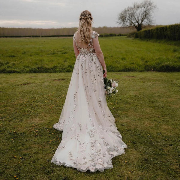 Romantic Cap Sleeves Embroidered Floral Wedding Dress with Plunge V-Neck and Sweep Train