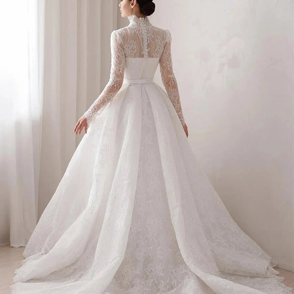 Exquisite V-Neck Lace Wedding Dress with Full Sleeves and Sweep Train – Elegant A-Line Bridal Gown for Arabian Weddings