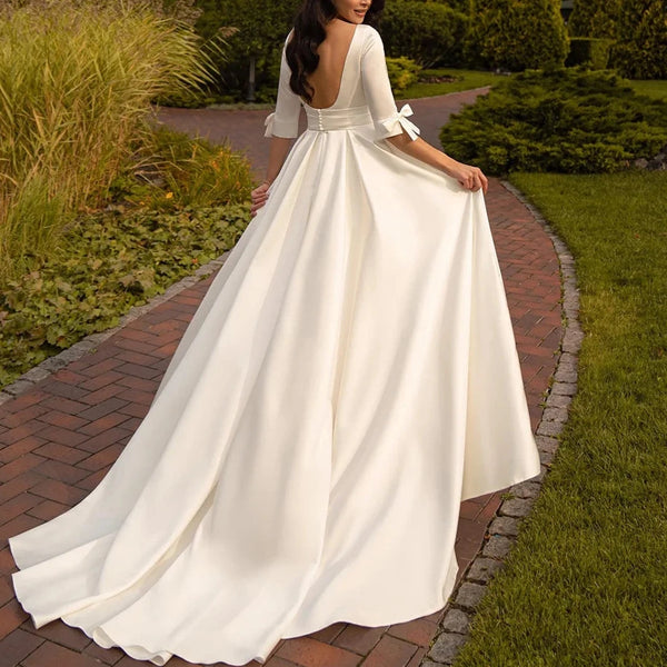 Simple O-Neck Satin A-Line Wedding Dress with Backless Design and Bow Detail