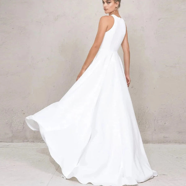 Simple High-Neck Spandex High/Low Wedding Dress with Mid-Calf Length