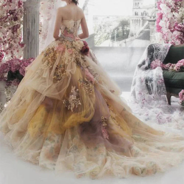 Vintage-Inspired Floral Ball Gown Wedding Dress with Multi-Layered Tulle and 3D Appliques