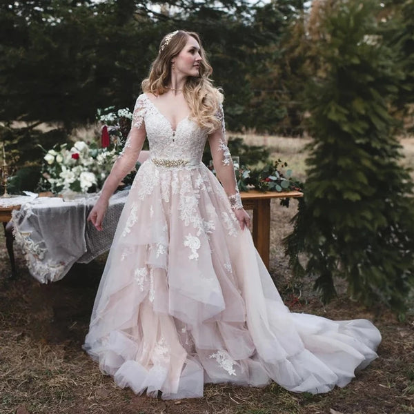 Stunning V-Neck Lace Wedding Dress with Long Illusion Sleeves and Beaded Belt - Elegant A-Line Bridal Gown