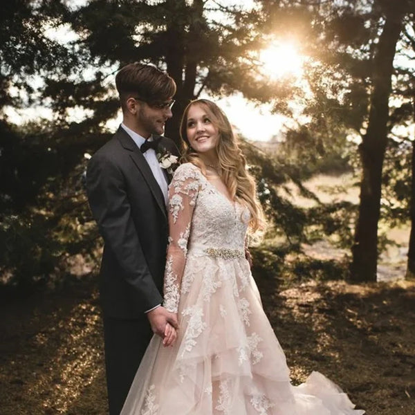 Stunning V-Neck Lace Wedding Dress with Long Illusion Sleeves and Beaded Belt - Elegant A-Line Bridal Gown