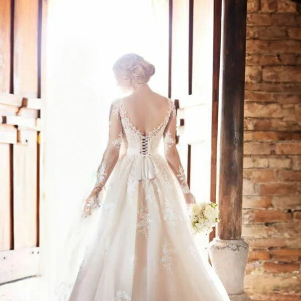 Stunning V-Neck Lace Wedding Dress with Long Illusion Sleeves and Beaded Belt - Elegant A-Line Bridal Gown