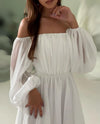 Elegant Crepe Chiffon A-Line Wedding Dress with Boat Neck and Puff Sleeves