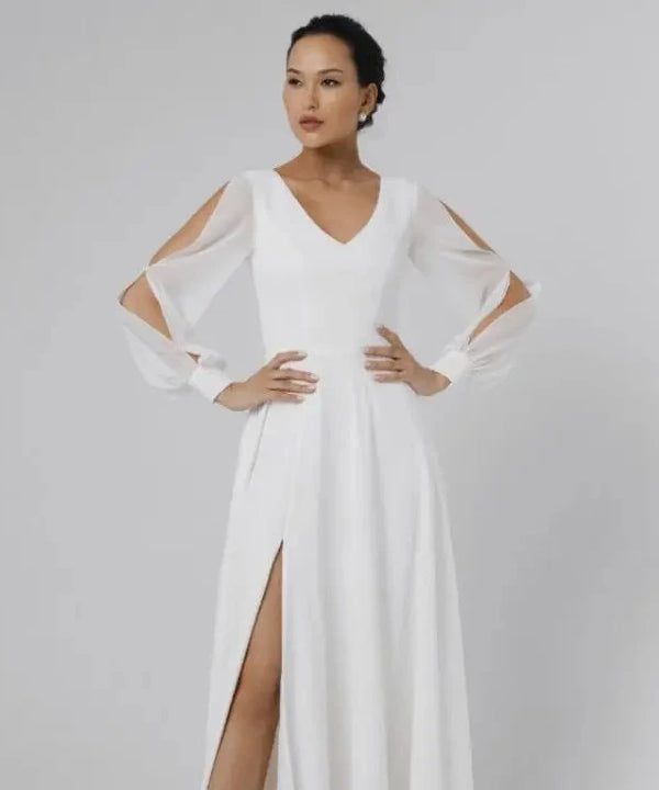 Simple A-Line Chiffon Wedding Dress with V-Neck and Puff Sleeves